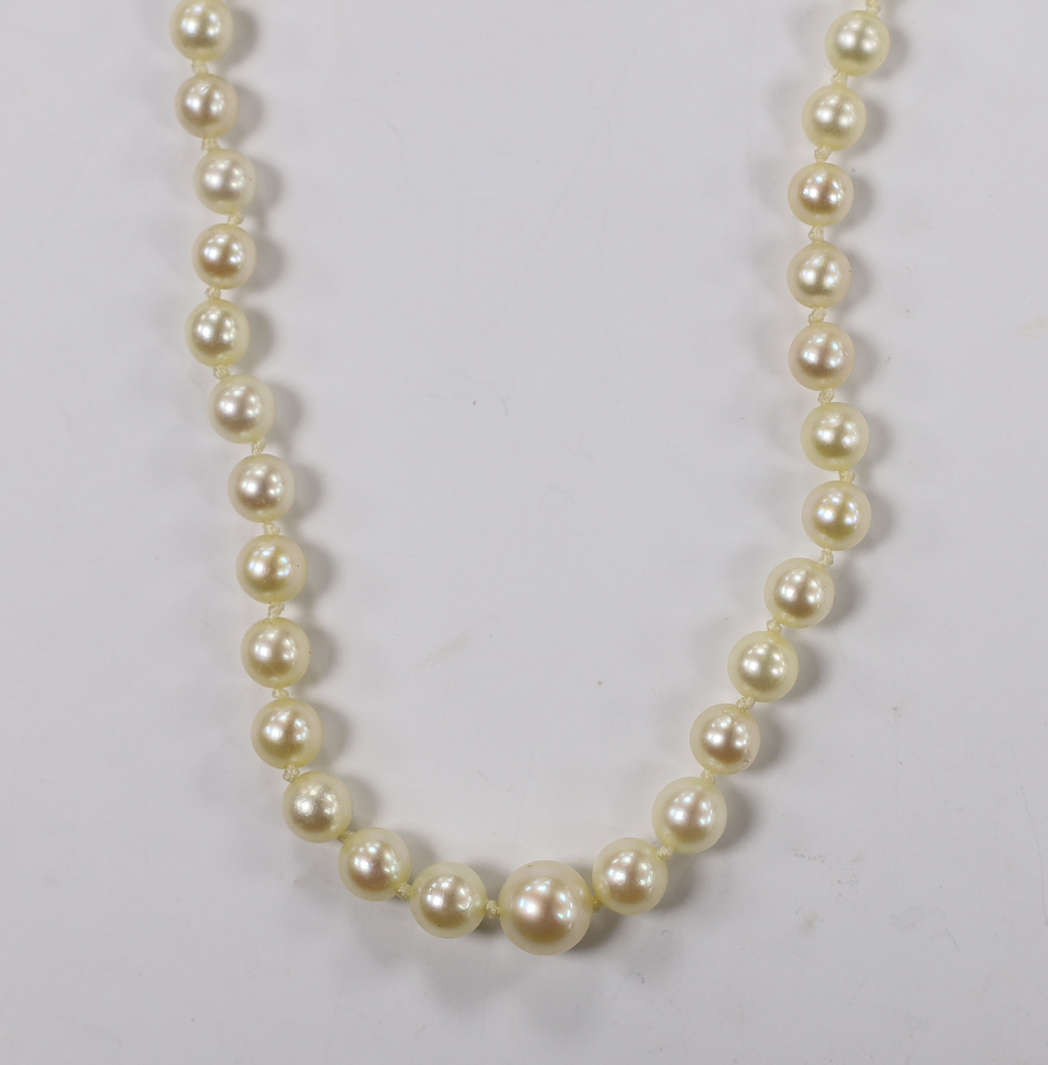 A 1960's single strand graduated cultured pearl necklace with diamond chip set 9ct white gold clasp, 50cm.